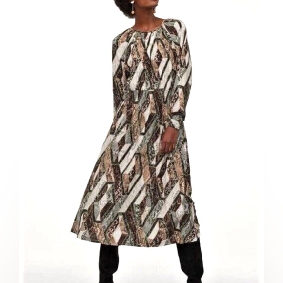 H&M Midi Dress Snakeskin Patchwork Print Smocked Waist Long Sleeve SZ L EUC - Picture 1 of 11